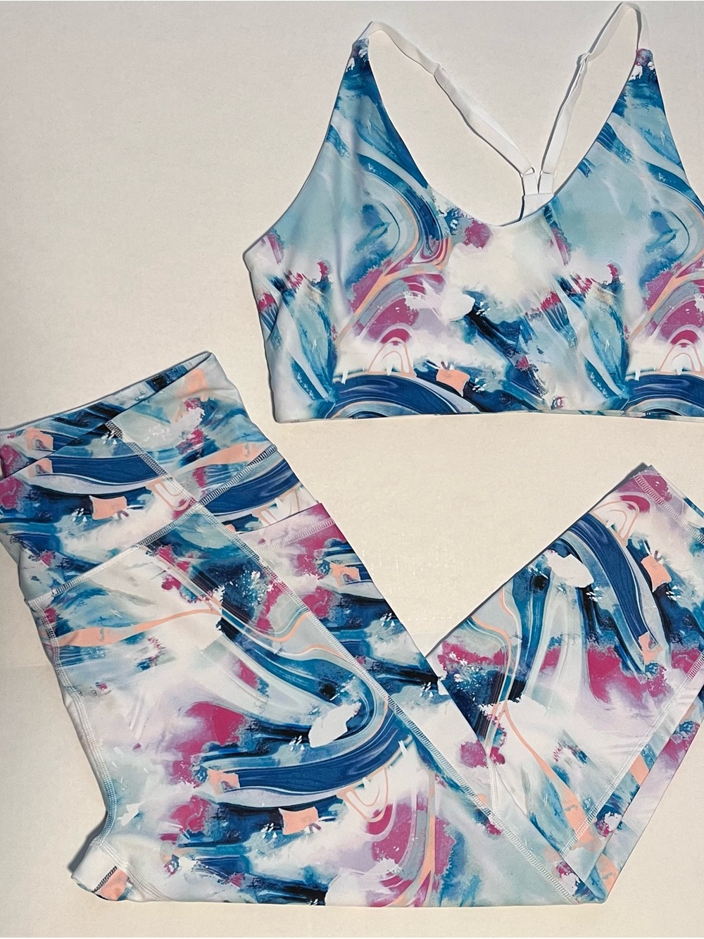 Blue & Pink Abstract Print Leggings and Sports Bra Set